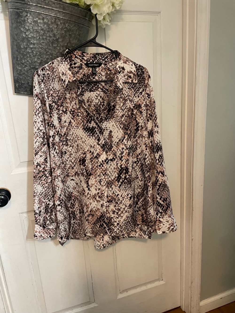 Ellen Tracy Neutral Snake-Print Button Front Blouse